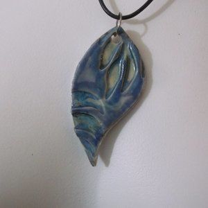 New Blue Texture Leaf Ceramic Pendant Handcrafted Gift